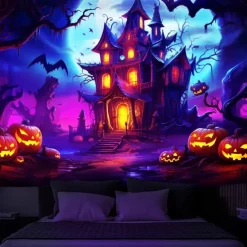 Halloween Decorations Hunted House Blacklight Tapestry UV Reactive Glow in the Dark Misty Graveyard Hanging Tapestry Wall Art Mural for Living Room Bedroom