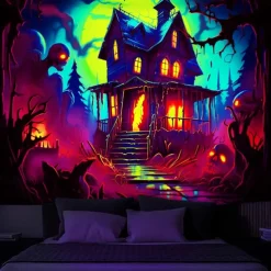 Halloween Decorations Hunted House Blacklight Tapestry UV Reactive Glow in the Dark Misty Graveyard Hanging Tapestry Wall Art Mural for Living Room Bedroom