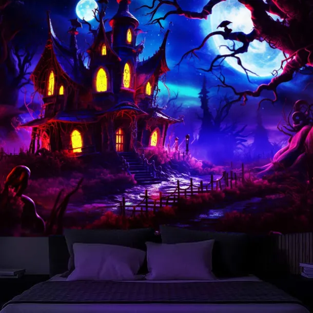 Halloween Decorations Hunted House Blacklight Tapestry UV Reactive Glow in the Dark Misty Graveyard Hanging Tapestry Wall Art Mural for Living Room Bedroom