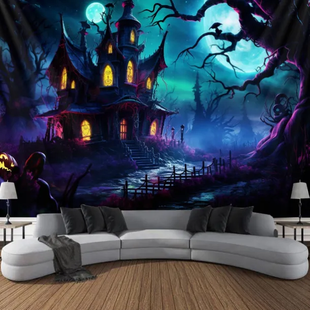 Halloween Decorations Hunted House Blacklight Tapestry UV Reactive Glow in the Dark Misty Graveyard Hanging Tapestry Wall Art Mural for Living Room Bedroom