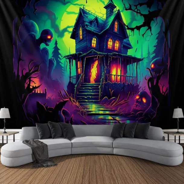 Halloween Decorations Hunted House Blacklight Tapestry UV Reactive Glow in the Dark Misty Graveyard Hanging Tapestry Wall Art Mural for Living Room Bedroom