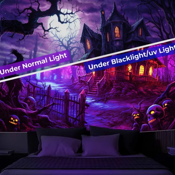 Halloween Decorations Hunted House Blacklight Tapestry UV Reactive Glow in the Dark Misty Graveyard Hanging Tapestry Wall Art Mural for Living Room Bedroom