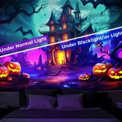 Halloween Decorations Hunted House Blacklight Tapestry UV Reactive Glow in the Dark Misty Graveyard Hanging Tapestry Wall Art Mural for Living Room Bedroom