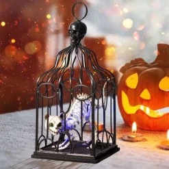 Halloween Decorations Indoor Outdoor, Halloween Hanging Cage Glowing Skeleton Cat, Halloween Cage Prop Skeleton Cat Decoration, Hanging Decor for Haunted House