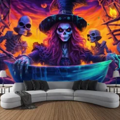 Halloween Decorations Pumpkin Blacklight Tapestry UV Reactive Glow in the Dark Trippy Misty Hanging Tapestry Wall Art Mural for Living Room Bedroom Poison Witch