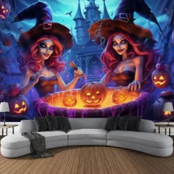 Halloween Decorations Pumpkin Blacklight Tapestry UV Reactive Glow in the Dark Trippy Misty Hanging Tapestry Wall Art Mural for Living Room Bedroom Poison Witch