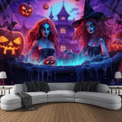 Halloween Decorations Pumpkin Blacklight Tapestry UV Reactive Glow in the Dark Trippy Misty Hanging Tapestry Wall Art Mural for Living Room Bedroom Poison Witch