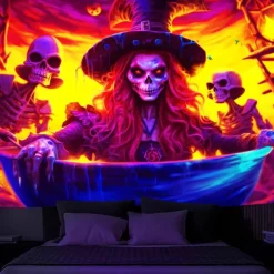 Halloween Decorations Pumpkin Blacklight Tapestry UV Reactive Glow in the Dark Trippy Misty Hanging Tapestry Wall Art Mural for Living Room Bedroom Poison Witch