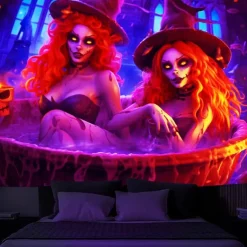Halloween Decorations Pumpkin Blacklight Tapestry UV Reactive Glow in the Dark Trippy Misty Hanging Tapestry Wall Art Mural for Living Room Bedroom Poison Witch