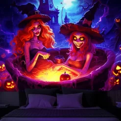 Halloween Decorations Pumpkin Blacklight Tapestry UV Reactive Glow in the Dark Trippy Misty Hanging Tapestry Wall Art Mural for Living Room Bedroom Poison Witch
