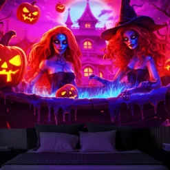 Halloween Decorations Pumpkin Blacklight Tapestry UV Reactive Glow in the Dark Trippy Misty Hanging Tapestry Wall Art Mural for Living Room Bedroom Poison Witch