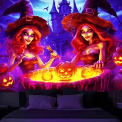 Halloween Decorations Pumpkin Blacklight Tapestry UV Reactive Glow in the Dark Trippy Misty Hanging Tapestry Wall Art Mural for Living Room Bedroom Poison Witch