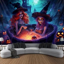Halloween Decorations Pumpkin Blacklight Tapestry UV Reactive Glow in the Dark Trippy Misty Hanging Tapestry Wall Art Mural for Living Room Bedroom Poison Witch