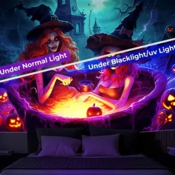Halloween Decorations Pumpkin Blacklight Tapestry UV Reactive Glow in the Dark Trippy Misty Hanging Tapestry Wall Art Mural for Living Room Bedroom Poison Witch