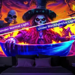 Halloween Decorations Pumpkin Blacklight Tapestry UV Reactive Glow in the Dark Trippy Misty Hanging Tapestry Wall Art Mural for Living Room Bedroom Poison Witch