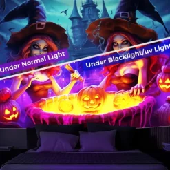 Halloween Decorations Pumpkin Blacklight Tapestry UV Reactive Glow in the Dark Trippy Misty Hanging Tapestry Wall Art Mural for Living Room Bedroom Poison Witch