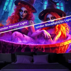 Halloween Decorations Pumpkin Blacklight Tapestry UV Reactive Glow in the Dark Trippy Misty Hanging Tapestry Wall Art Mural for Living Room Bedroom Poison Witch