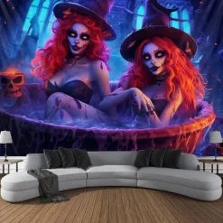 Halloween Decorations Pumpkin Blacklight Tapestry UV Reactive Glow in the Dark Trippy Misty Hanging Tapestry Wall Art Mural for Living Room Bedroom Poison Witch