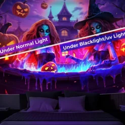Halloween Decorations Pumpkin Blacklight Tapestry UV Reactive Glow in the Dark Trippy Misty Hanging Tapestry Wall Art Mural for Living Room Bedroom Poison Witch