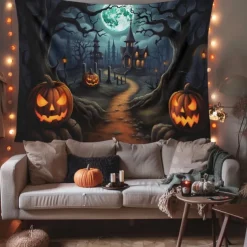 Halloween Decorations Pumpkin Forest Hanging Tapestry Wall Art Large Tapestry Mural Decor Photograph Backdrop Blanket Curtain Home Bedroom Living Room Haunted House