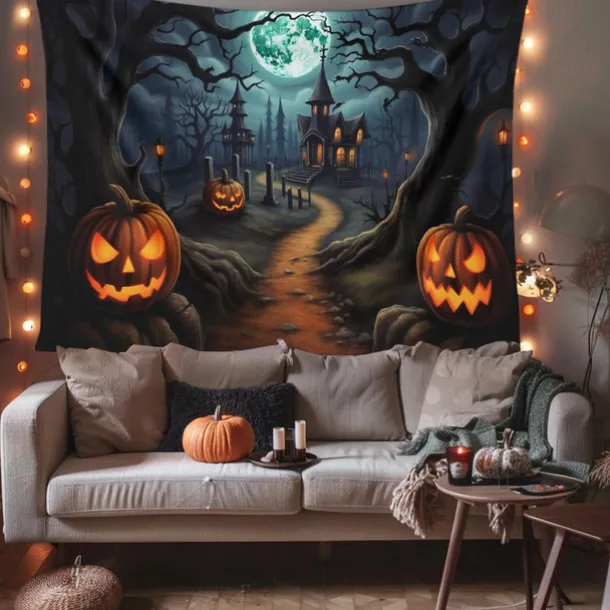 Halloween Decorations Pumpkin Forest Hanging Tapestry Wall Art Large Tapestry Mural Decor Photograph Backdrop Blanket Curtain Home Bedroom Living Room Haunted House