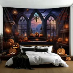 Halloween Decorations Pumpkins Window Hanging Tapestry Wall Art Large Tapestry Mural Decor Photograph Backdrop Blanket Curtain Home Bedroom Living Room Decoration