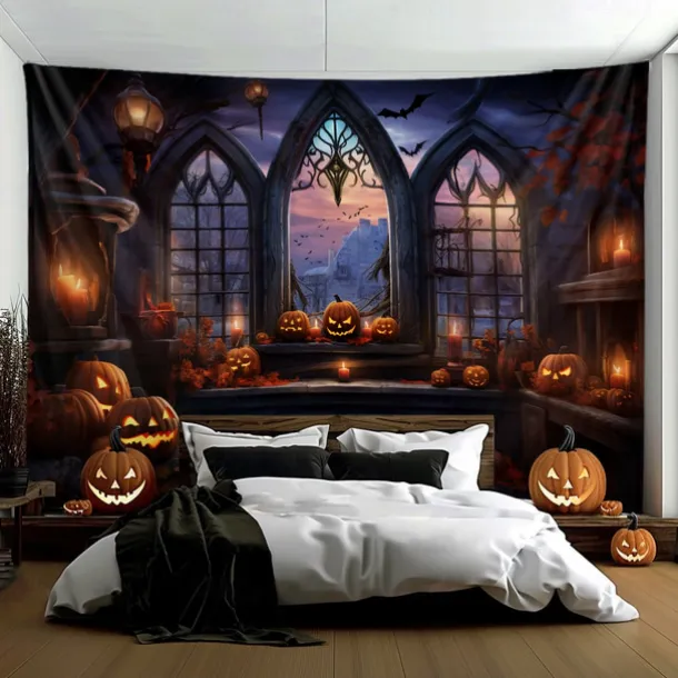 Halloween Decorations Pumpkins Window Hanging Tapestry Wall Art Large Tapestry Mural Decor Photograph Backdrop Blanket Curtain Home Bedroom Living Room Decoration