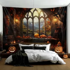 Halloween Decorations Pumpkins Window Hanging Tapestry Wall Art Large Tapestry Mural Decor Photograph Backdrop Blanket Curtain Home Bedroom Living Room Decoration