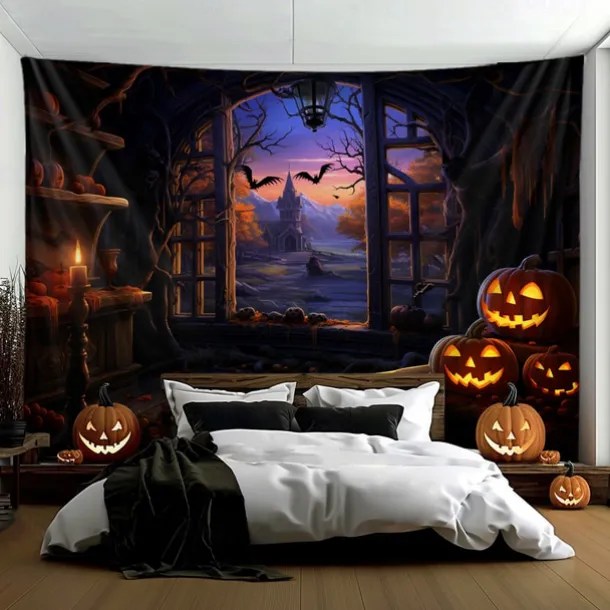 Halloween Decorations Pumpkins Window Hanging Tapestry Wall Art Large Tapestry Mural Decor Photograph Backdrop Blanket Curtain Home Bedroom Living Room Decoration