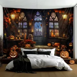 Halloween Decorations Pumpkins Window Hanging Tapestry Wall Art Large Tapestry Mural Decor Photograph Backdrop Blanket Curtain Home Bedroom Living Room Decoration