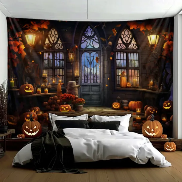 Halloween Decorations Pumpkins Window Hanging Tapestry Wall Art Large Tapestry Mural Decor Photograph Backdrop Blanket Curtain Home Bedroom Living Room Decoration