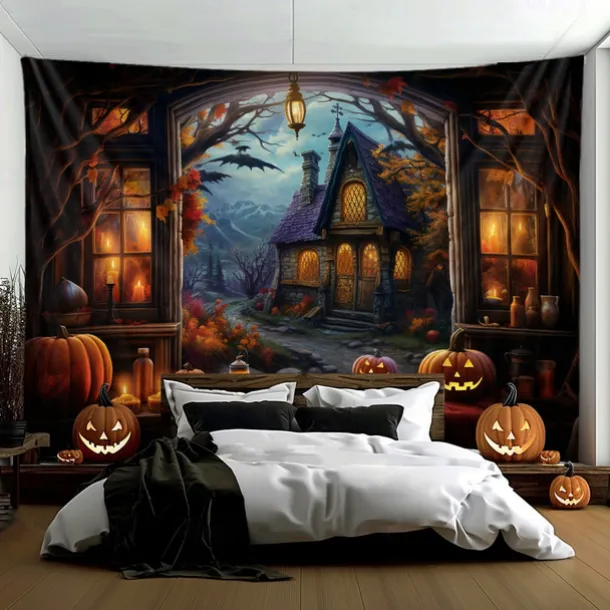 Halloween Decorations Pumpkins Window Hanging Tapestry Wall Art Large Tapestry Mural Decor Photograph Backdrop Blanket Curtain Home Bedroom Living Room Decoration