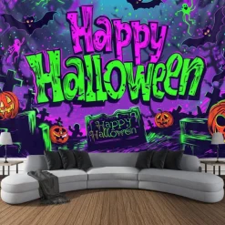 Halloween Decorations Pumpkin Blacklight Tapestry UV Reactive Glow in the Dark Forest Trippy Mountain Misty Graveyard Ghost Hanging Tapestry Wall Art Mural for Living Room Bedroom