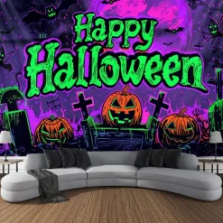 Halloween Decorations Pumpkin Blacklight Tapestry UV Reactive Glow in the Dark Forest Trippy Mountain Misty Graveyard Ghost Hanging Tapestry Wall Art Mural for Living Room Bedroom