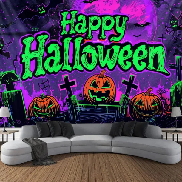 Halloween Decorations Pumpkin Blacklight Tapestry UV Reactive Glow in the Dark Forest Trippy Mountain Misty Graveyard Ghost Hanging Tapestry Wall Art Mural for Living Room Bedroom