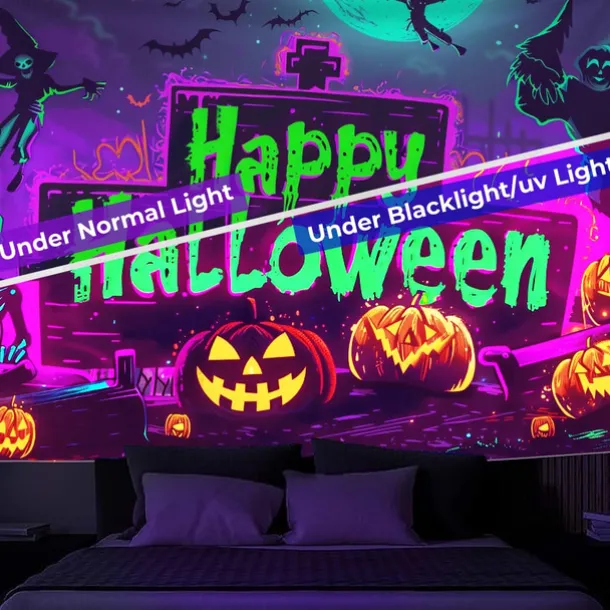 Halloween Decorations Pumpkin Blacklight Tapestry UV Reactive Glow in the Dark Forest Trippy Mountain Misty Graveyard Ghost Hanging Tapestry Wall Art Mural for Living Room Bedroom