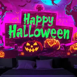 Halloween Decorations Pumpkin Blacklight Tapestry UV Reactive Glow in the Dark Forest Trippy Mountain Misty Graveyard Ghost Hanging Tapestry Wall Art Mural for Living Room Bedroom