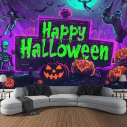 Halloween Decorations Pumpkin Blacklight Tapestry UV Reactive Glow in the Dark Forest Trippy Mountain Misty Graveyard Ghost Hanging Tapestry Wall Art Mural for Living Room Bedroom