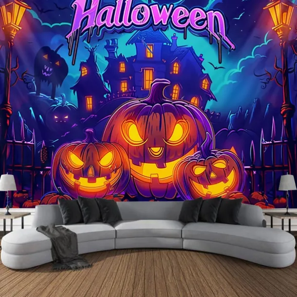 Halloween Decorations Pumpkin Blacklight Tapestry UV Reactive Glow in the Dark Forest Trippy Mountain Misty Graveyard Ghost Hanging Tapestry Wall Art Mural for Living Room Bedroom