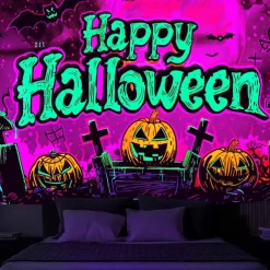 Halloween Decorations Pumpkin Blacklight Tapestry UV Reactive Glow in the Dark Forest Trippy Mountain Misty Graveyard Ghost Hanging Tapestry Wall Art Mural for Living Room Bedroom