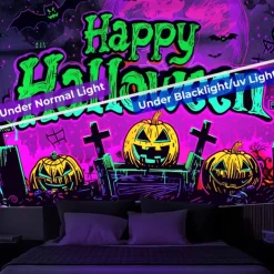 Halloween Decorations Pumpkin Blacklight Tapestry UV Reactive Glow in the Dark Forest Trippy Mountain Misty Graveyard Ghost Hanging Tapestry Wall Art Mural for Living Room Bedroom