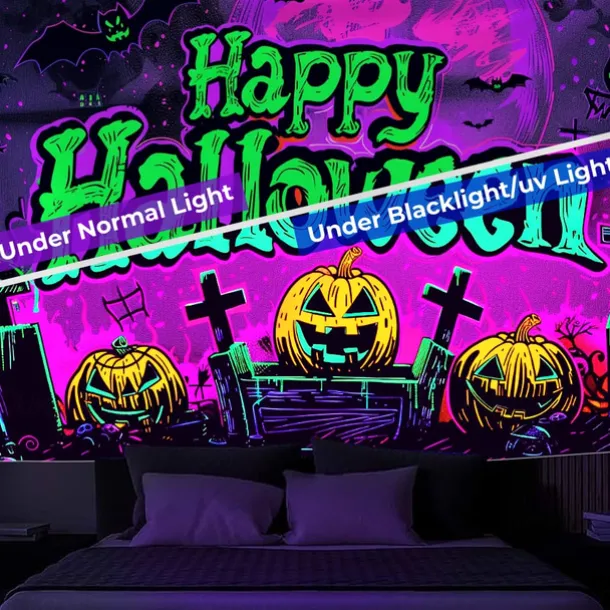 Halloween Decorations Pumpkin Blacklight Tapestry UV Reactive Glow in the Dark Forest Trippy Mountain Misty Graveyard Ghost Hanging Tapestry Wall Art Mural for Living Room Bedroom