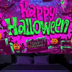 Halloween Decorations Pumpkin Blacklight Tapestry UV Reactive Glow in the Dark Forest Trippy Mountain Misty Graveyard Ghost Hanging Tapestry Wall Art Mural for Living Room Bedroom