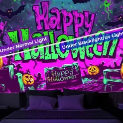 Halloween Decorations Pumpkin Blacklight Tapestry UV Reactive Glow in the Dark Forest Trippy Mountain Misty Graveyard Ghost Hanging Tapestry Wall Art Mural for Living Room Bedroom