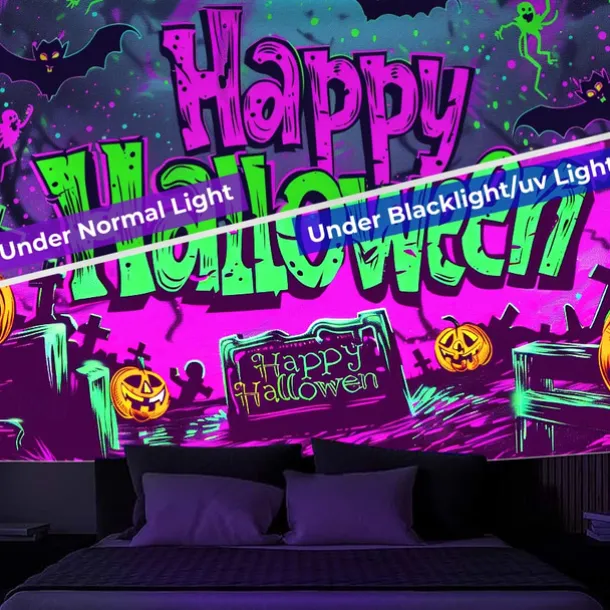 Halloween Decorations Pumpkin Blacklight Tapestry UV Reactive Glow in the Dark Forest Trippy Mountain Misty Graveyard Ghost Hanging Tapestry Wall Art Mural for Living Room Bedroom