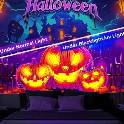 Halloween Decorations Pumpkin Blacklight Tapestry UV Reactive Glow in the Dark Forest Trippy Mountain Misty Graveyard Ghost Hanging Tapestry Wall Art Mural for Living Room Bedroom