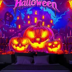 Halloween Decorations Pumpkin Blacklight Tapestry UV Reactive Glow in the Dark Forest Trippy Mountain Misty Graveyard Ghost Hanging Tapestry Wall Art Mural for Living Room Bedroom