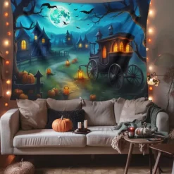Halloween Decorations Pumpkin Carriage Hanging Tapestry Wall Art Large Tapestry Mural Decor Photograph Backdrop Blanket Curtain Home Bedroom Living Room