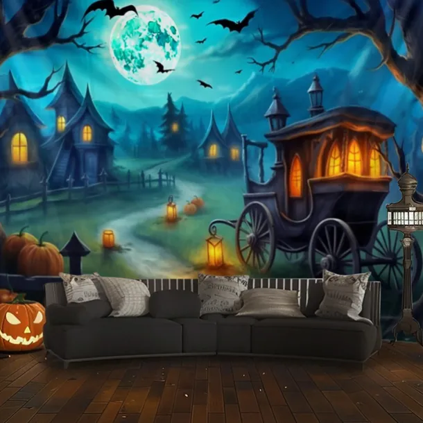 Halloween Decorations Pumpkin Carriage Hanging Tapestry Wall Art Large Tapestry Mural Decor Photograph Backdrop Blanket Curtain Home Bedroom Living Room
