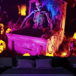 Halloween Decorations Skeleton Blacklight Tapestry UV Reactive Glow in the Dark Glow Party Trippy Misty Pumpkin Lights Hanging Tapestry Wall Art Mural for Living Room Bedroom